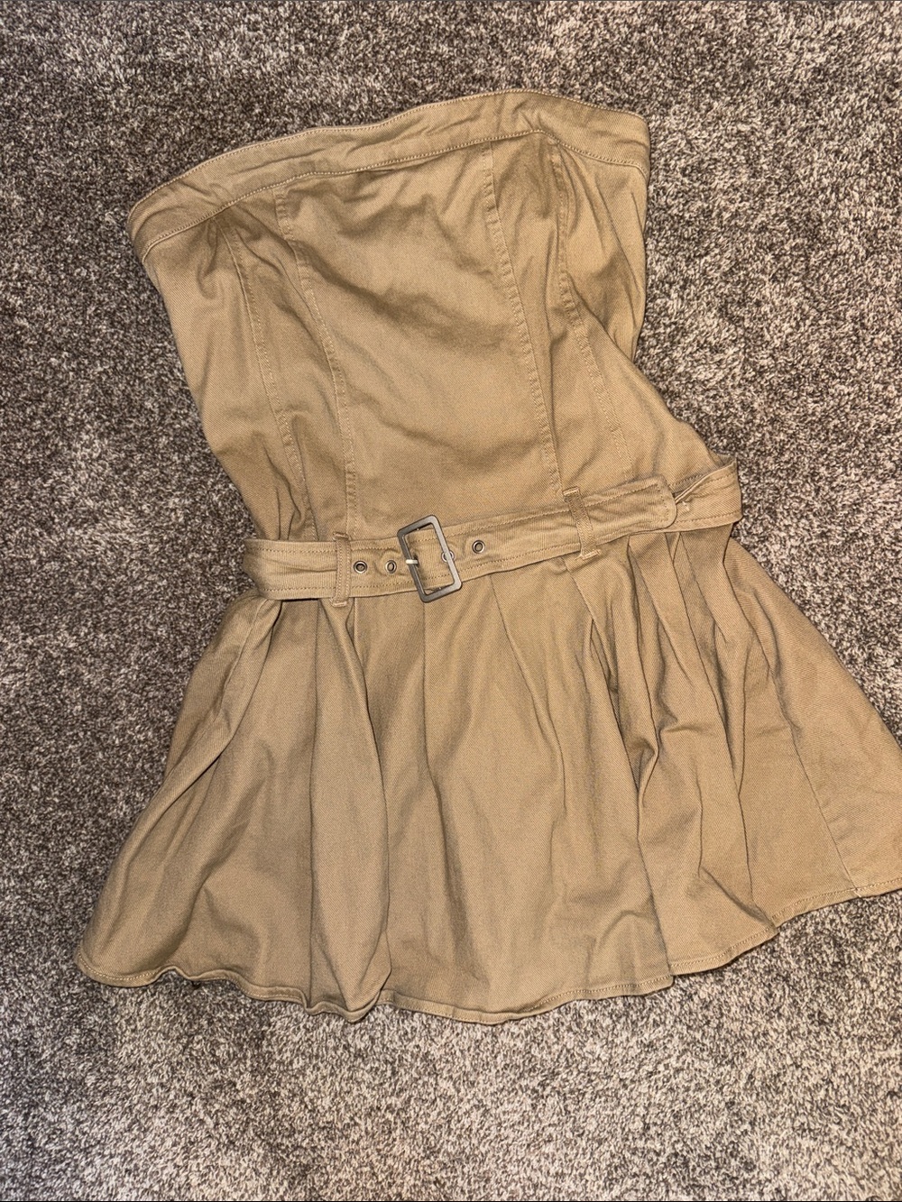 love, Fire Strapless Belted Khaki Mini Dress